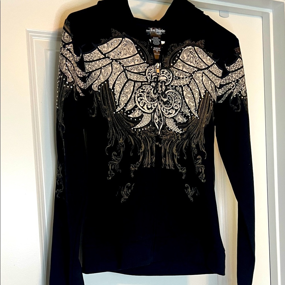 Women's Black and White + Beige Embellished Top